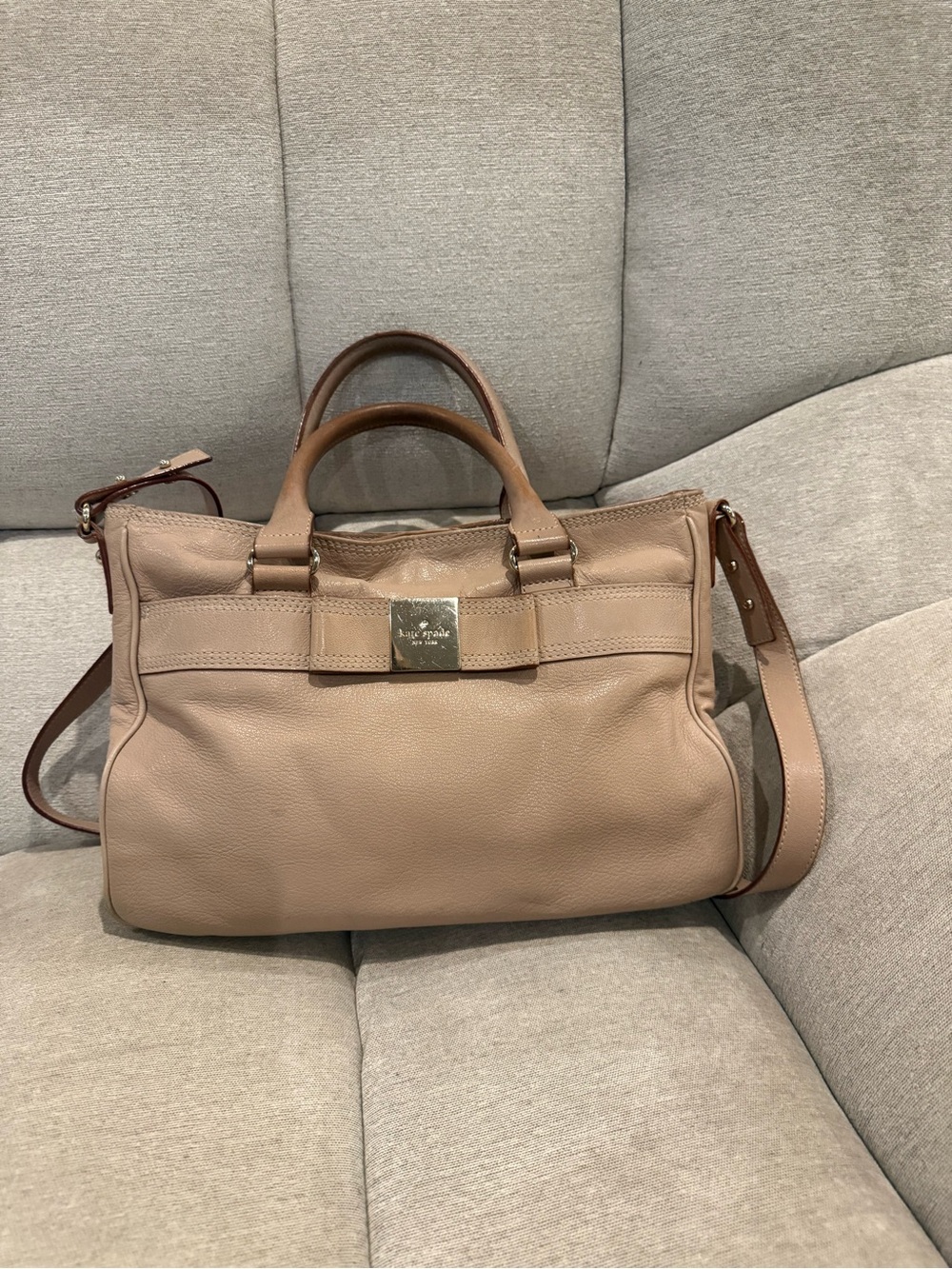 kate spade taupe/beige leather satchel with shoulder strap